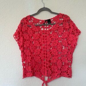 Boho Chic Crochet Openwork Tie-Front Top in Bright Coral, Festival Wear Size XL